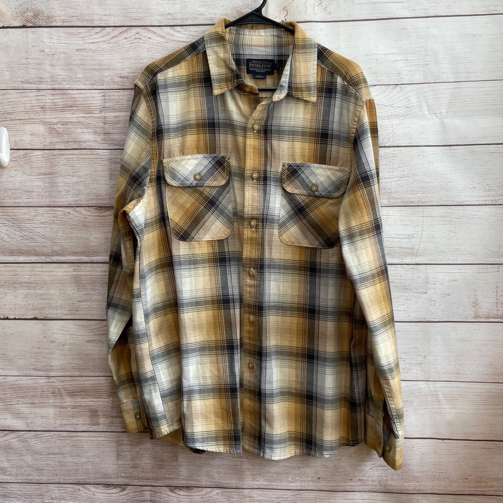 Pendleton Button Up Shirt Mens Plaid Long Sleeve Beige Gray Casual